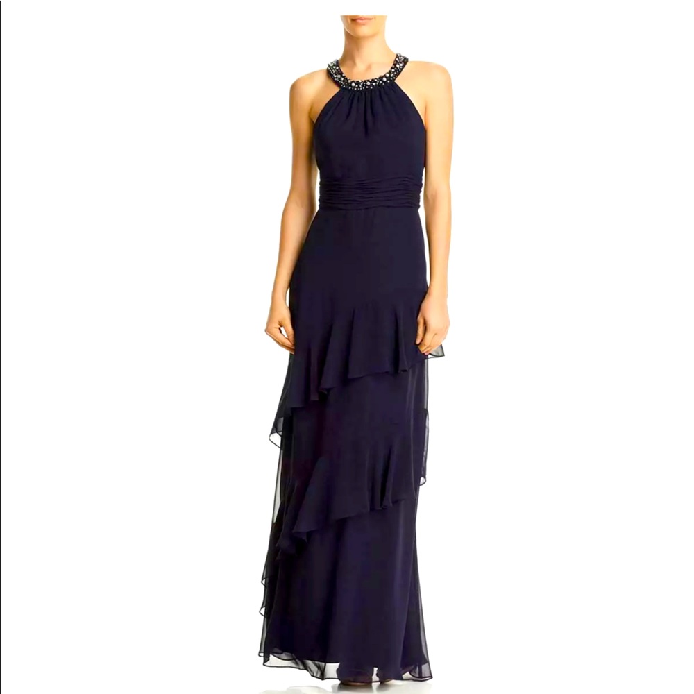Eliza J Beaded Halter Tiered Chiffon Gown - Navy